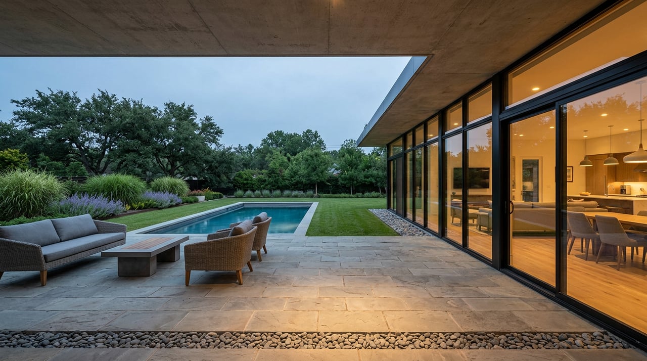 Stone pool terrace beneath a deep overhang, with black-framed glass doors, lawn, and landscaped garden.