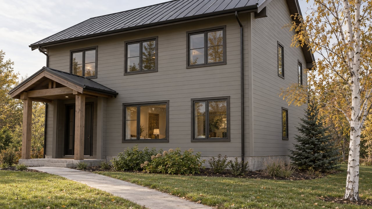 Two-story gray gabled house with a timber entry, dark metal roof, lawn, and trees.