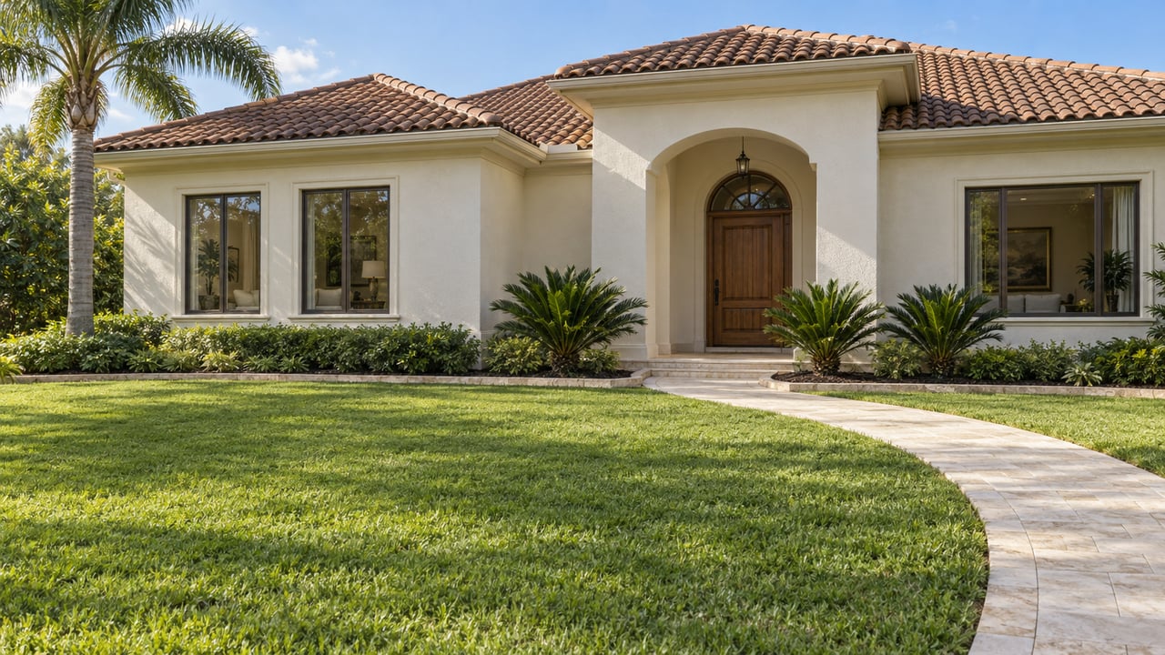 Ivory stucco home with a terracotta hip roof, recessed arched entrance, broad green lawn and a mature royal palm.