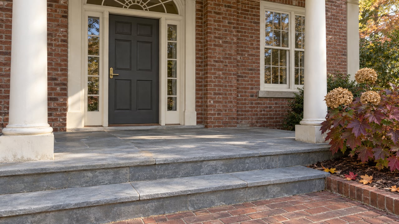 Brick house entrance with ivory columns, a charcoal door, bluestone steps, and burgundy oakleaf hydrangea foliage.