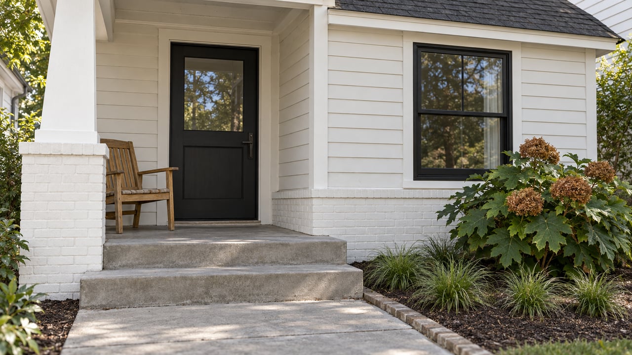Close view of a covered home entry with ivory siding, black-framed window, painted brick base, concrete steps, an oak chair, and oakleaf hydrangea.