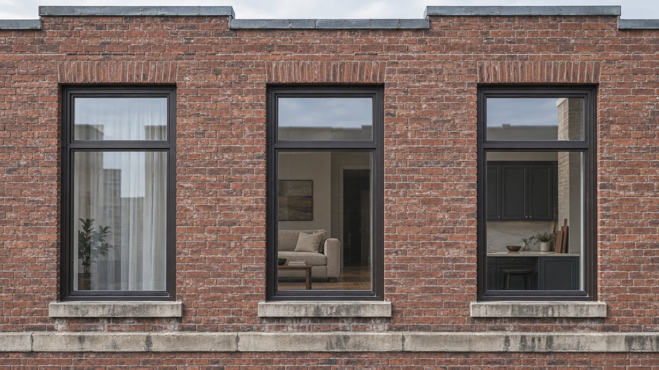 Tall dark-framed loft windows set in weathered red-brown brick, with pale stone sills and glimpses of a warm renovated interior.