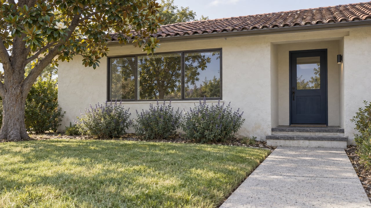 A modest white stucco home with clay roof tiles, a recessed navy door, charcoal entry steps and a magnolia tree beside its front lawn.