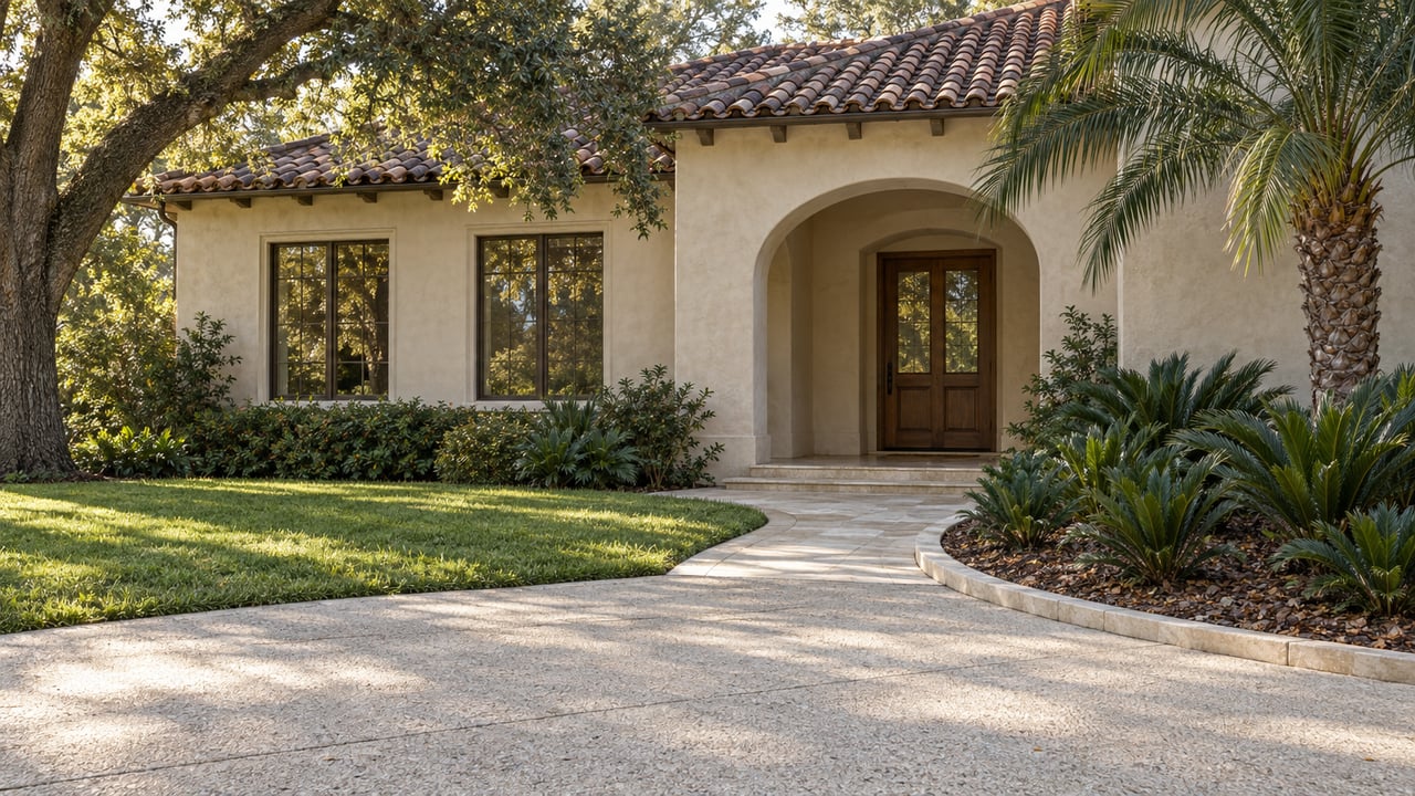 Cream stucco home with a barrel-tile roof, recessed arched entry, limestone walk, mature live oak and sculptural palm.