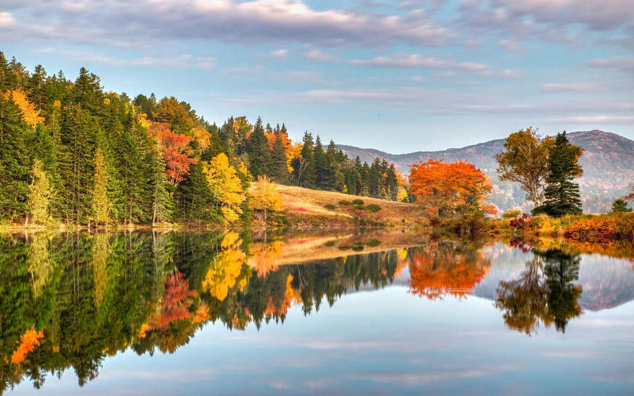 Autumn trees and distant mountains reflected in a calm lake.