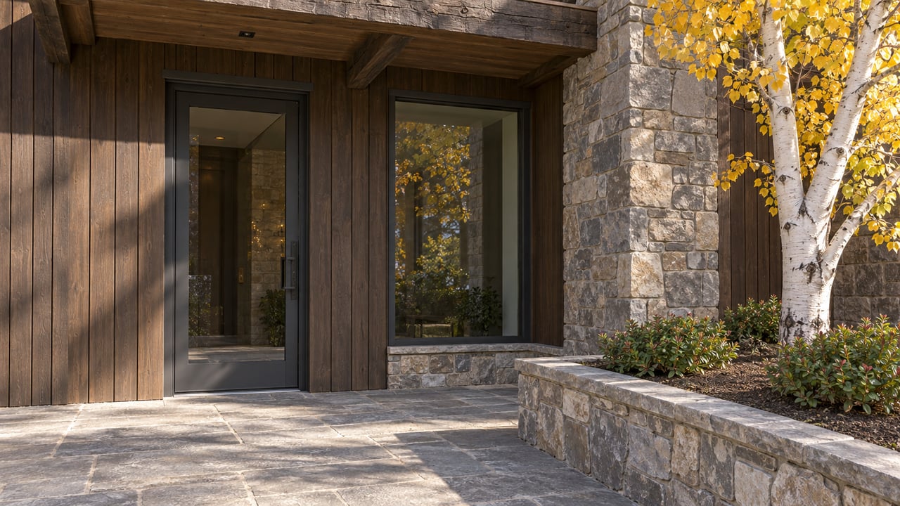 Close view of a timber-and-stone residence entrance, with charcoal-framed glazing, a paved landing, and yellow aspen foliage beside a raised stone planter.