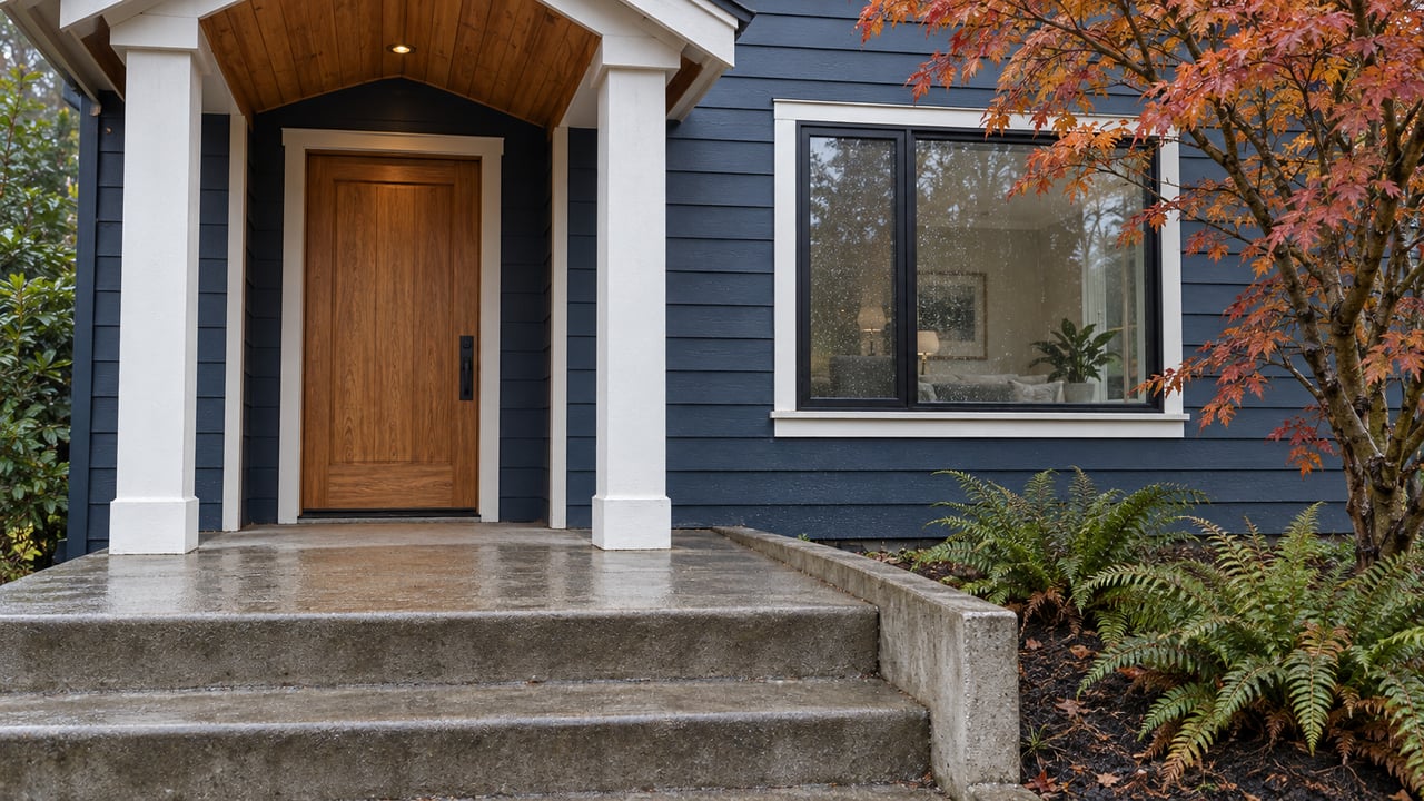Home entrance with a wood door, navy siding, concrete steps, and autumn leaves.