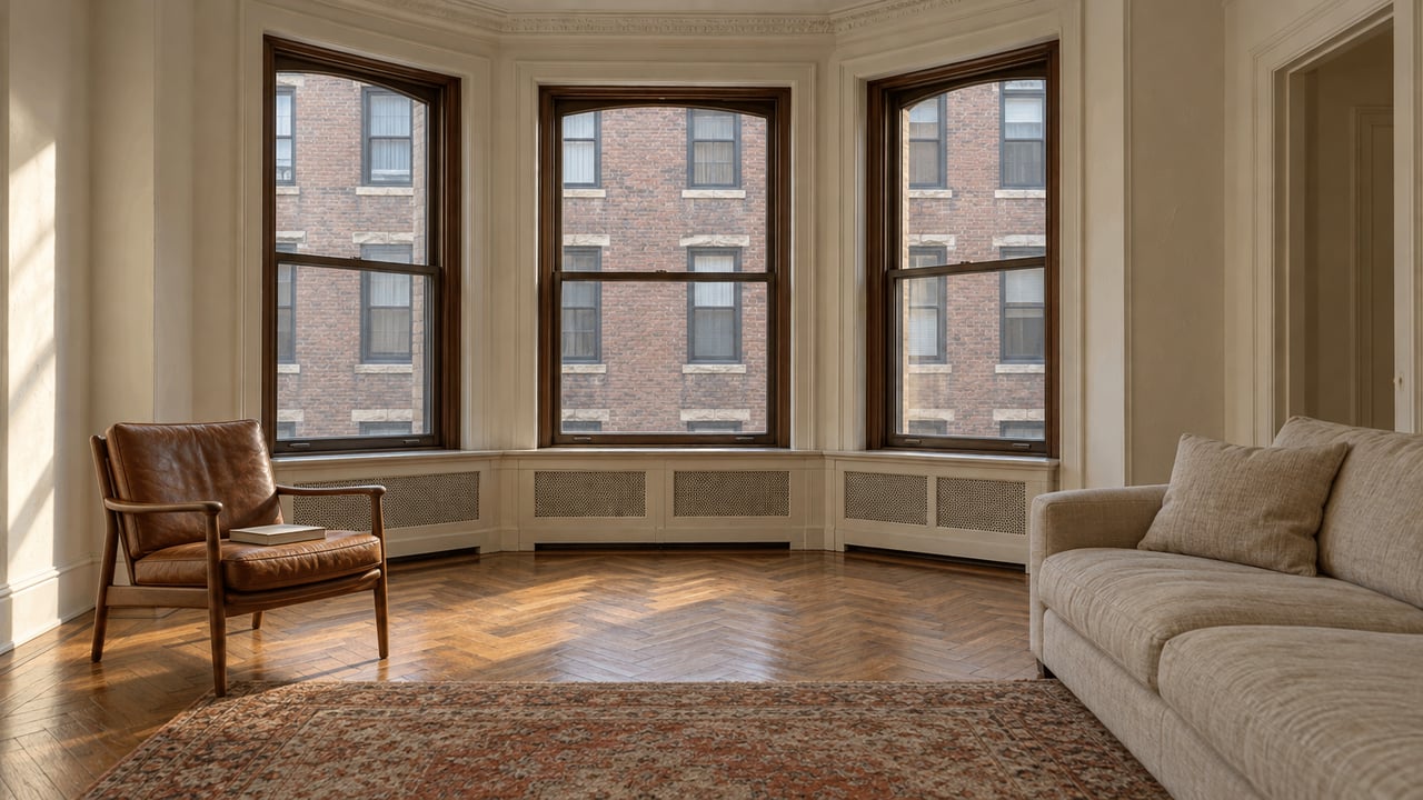 Morning light across oak parquet in a pre-war living room with tall bay windows, an oatmeal sofa and a walnut leather chair.