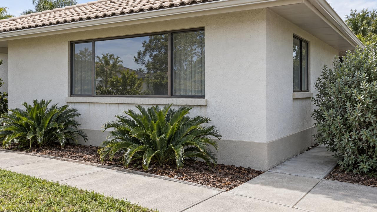 Off-white ranch house with pale tile roof, two windows, and a concrete walk beside a mulched bed.