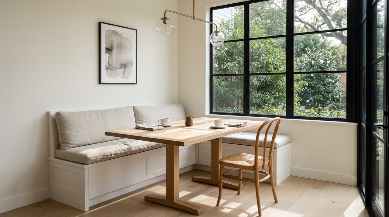 Oak dining table with two place settings beside a built-in banquette and black-framed windows overlooking green foliage.