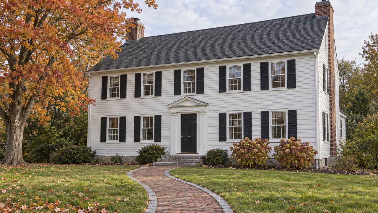 White clapboard house with black shutters, granite entrance steps and a brick walk across an autumn lawn beside a mature sugar maple.