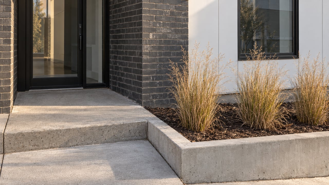 Elevated close view of a glazed residential entry with black brick, white panels, a concrete stoop and three golden switchgrass clumps.