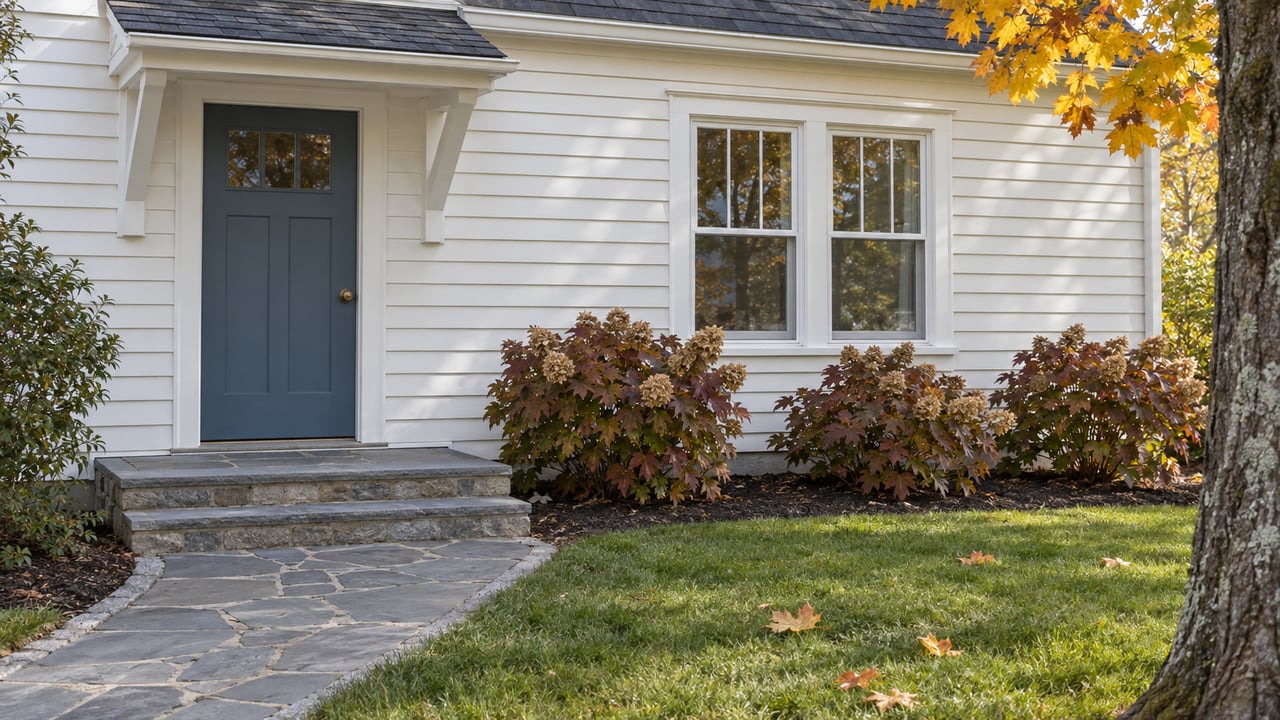 White clapboard house with a slate-blue front door, bluestone steps, and autumn maple leaves beside burgundy oakleaf hydrangeas.