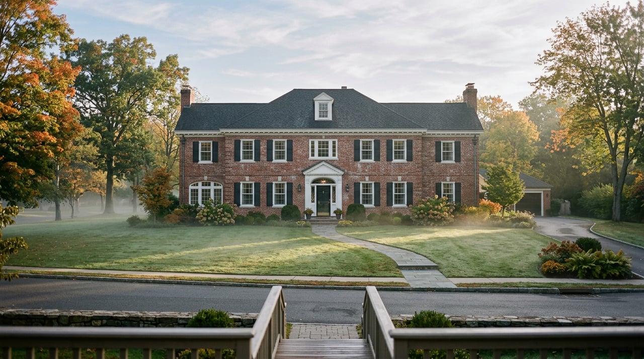 Two-and-a-half-story brick colonial home beyond a broad lawn with light mist.