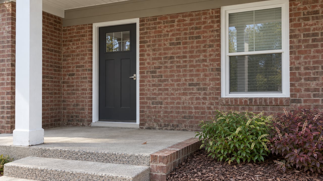 A covered brick entry with a charcoal door, white-framed window, concrete steps and two autumn-colored Virginia sweetspire shrubs.