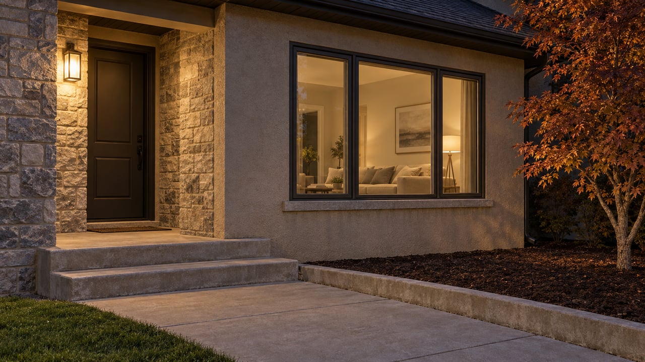 Stone and stucco home entry beside a warmly lit living-room window at night, with concrete steps and an autumn maple.