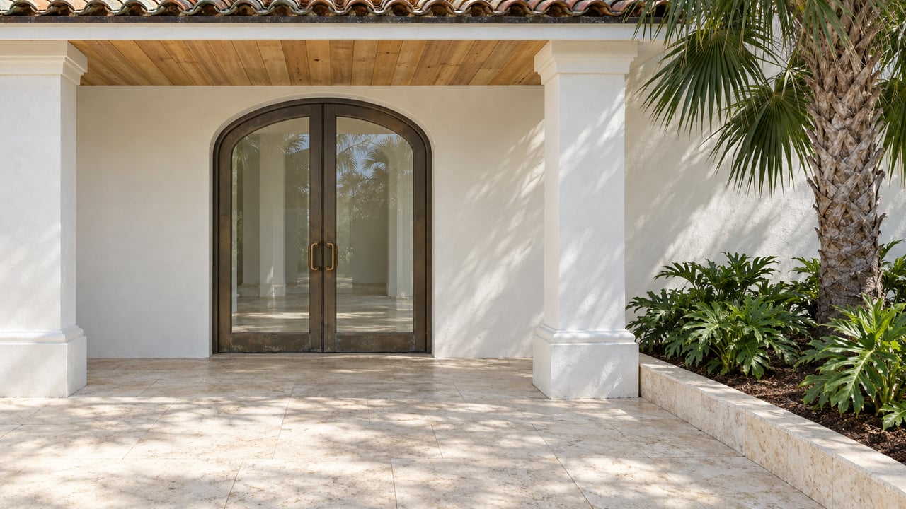 White stucco home with an arched bronze-framed entry, terracotta roof tiles and a pale limestone terrace beside a fan palm.