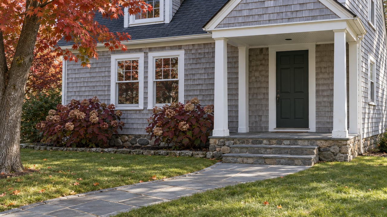 Gray shingle house with a white-columned porch, stone steps, and red autumn foliage.