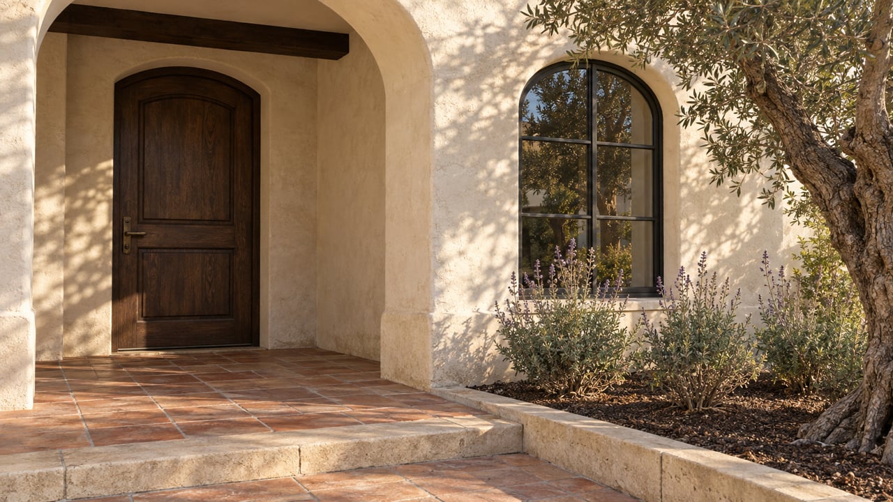A recessed arched entrance with an oak door, ivory stucco, terracotta paving and an olive tree beside a limestone-edged planting bed.