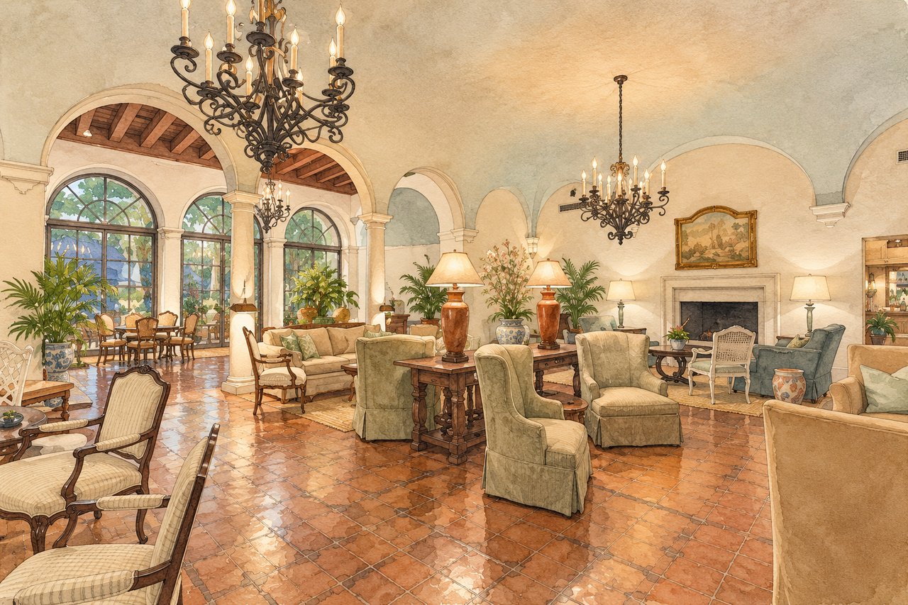 Furnished living room with arched windows, terracotta tile floors, and ornate chandeliers.