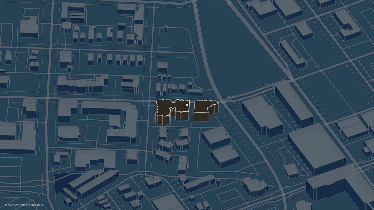 Dark blue 3D street map highlighting two adjacent building footprints in white.