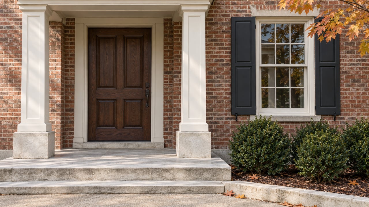 Close view of a brick home's oak front door beneath an ivory portico, with a divided-light window, limestone steps and autumn maple leaves.