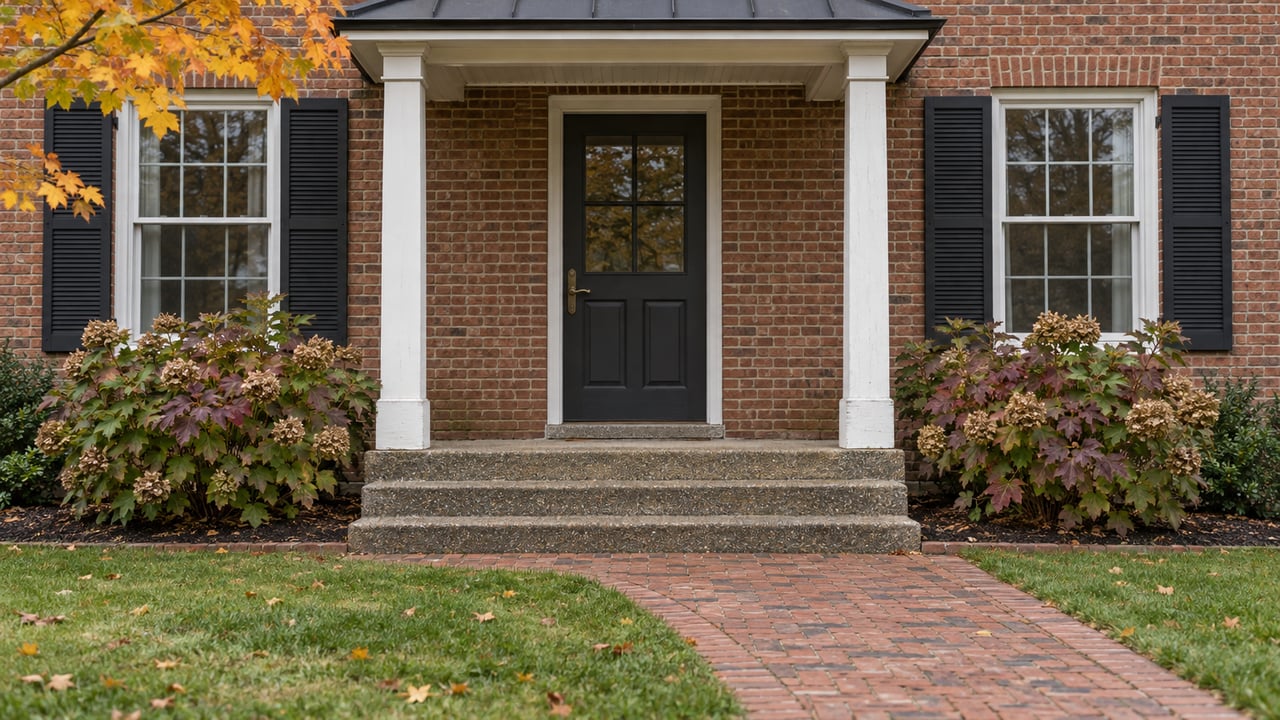 Brick home entrance with a charcoal porch roof, white posts, paired shuttered windows and a brick walkway bordered by autumn hydrangeas.