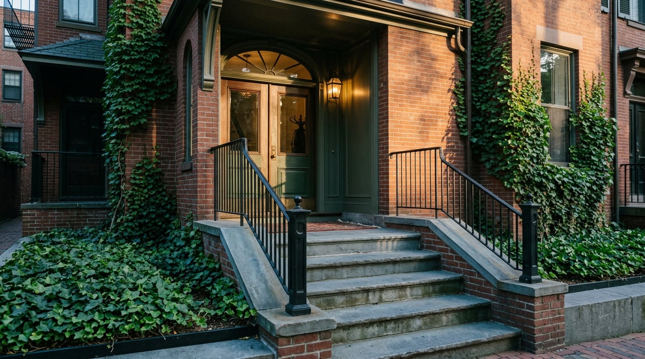 Brick townhouse entrance with green double doors, stone steps, iron railings, and ivy-covered walls.