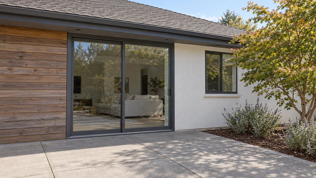 Rear terrace of a single-story home with weathered cedar siding, white stucco, closed glass doors and a Japanese maple beside concrete paving.