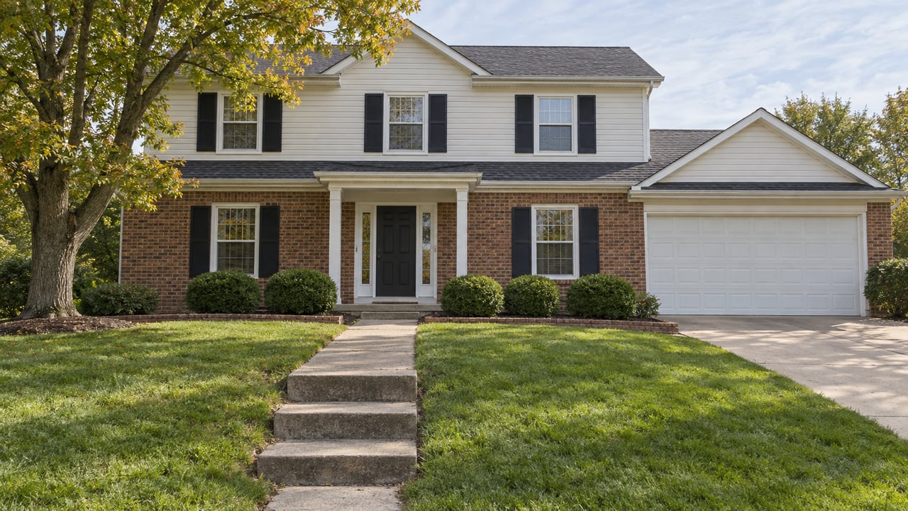Traditional two-story brick and white-sided house with a dark front door, attached garage, deep lawn, and an autumn sugar maple.