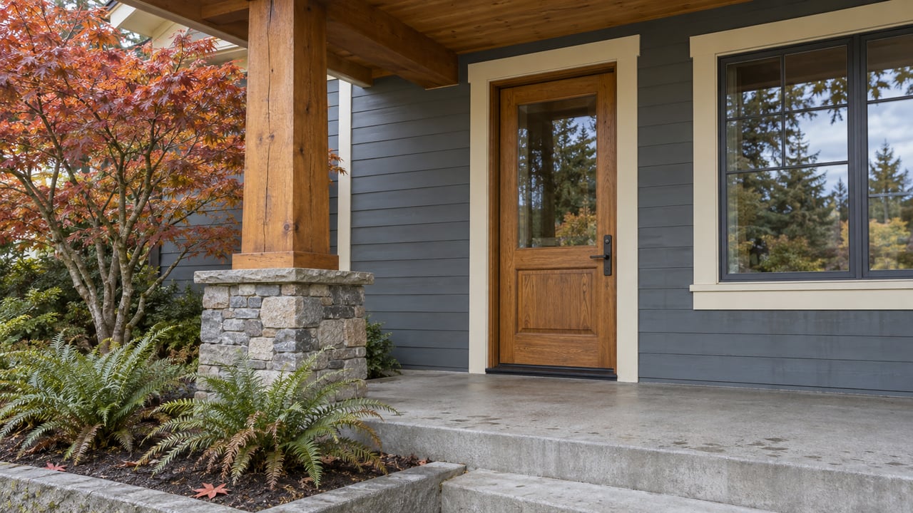 Close view of a covered home entry with timber beams, blue-gray siding, a glazed oak door, stone pier and autumn vine maple.