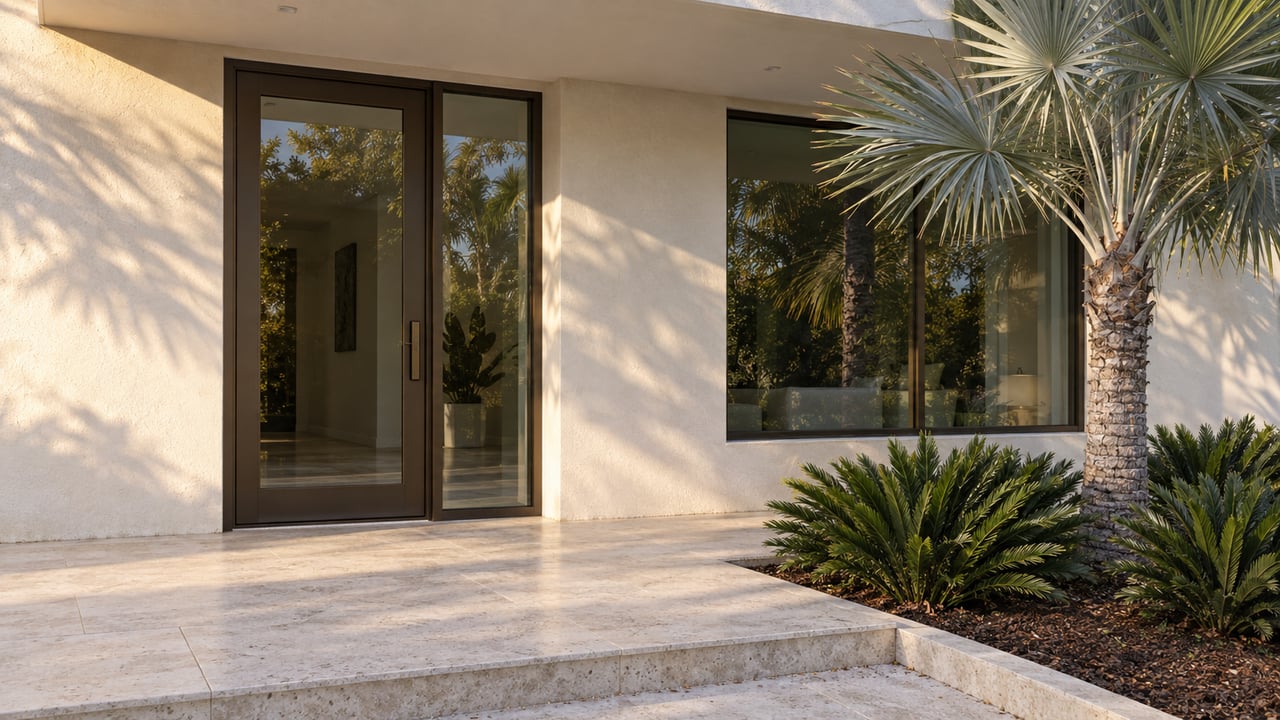 Cream stucco home entrance with bronze-framed glazing, pale limestone steps and a silver-backed palm in warm afternoon light.