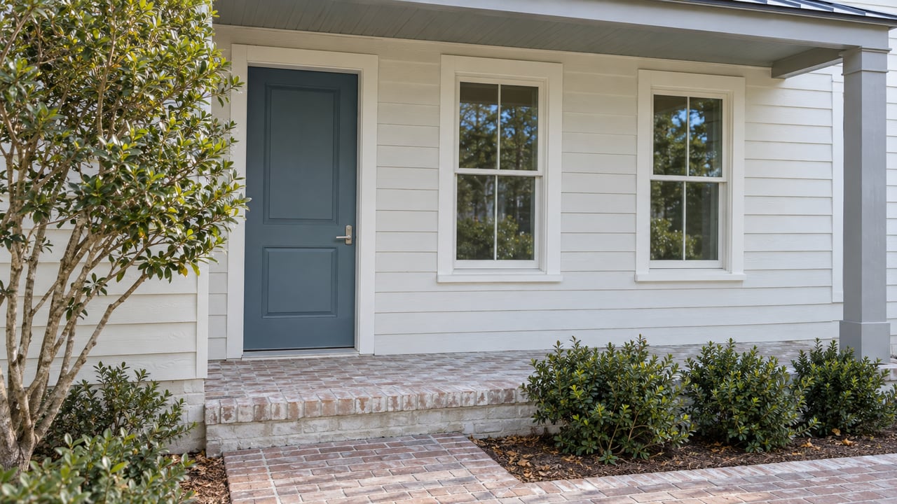 A blue front door between two sash windows, with a brick porch step and narrow planting beds.