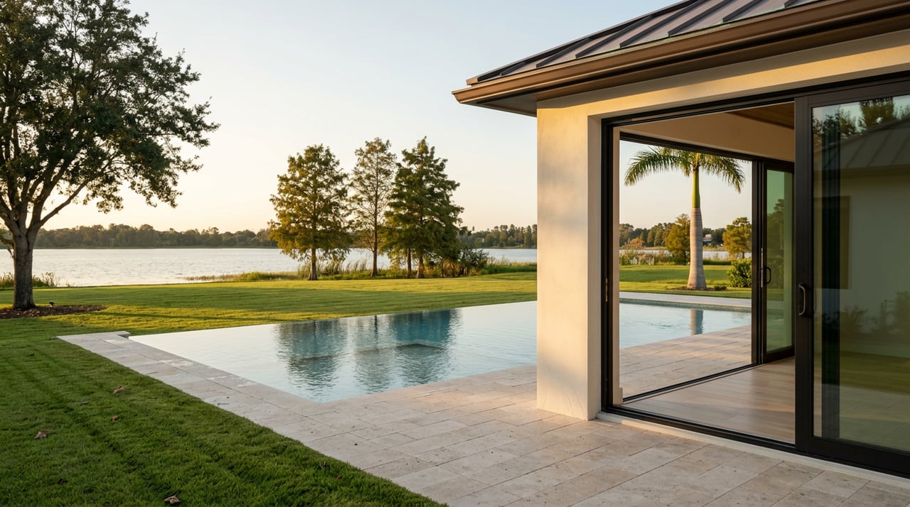 Stucco loggia beside an infinity pool, with travertine decking, lawn, and a tree-lined lake beyond.
