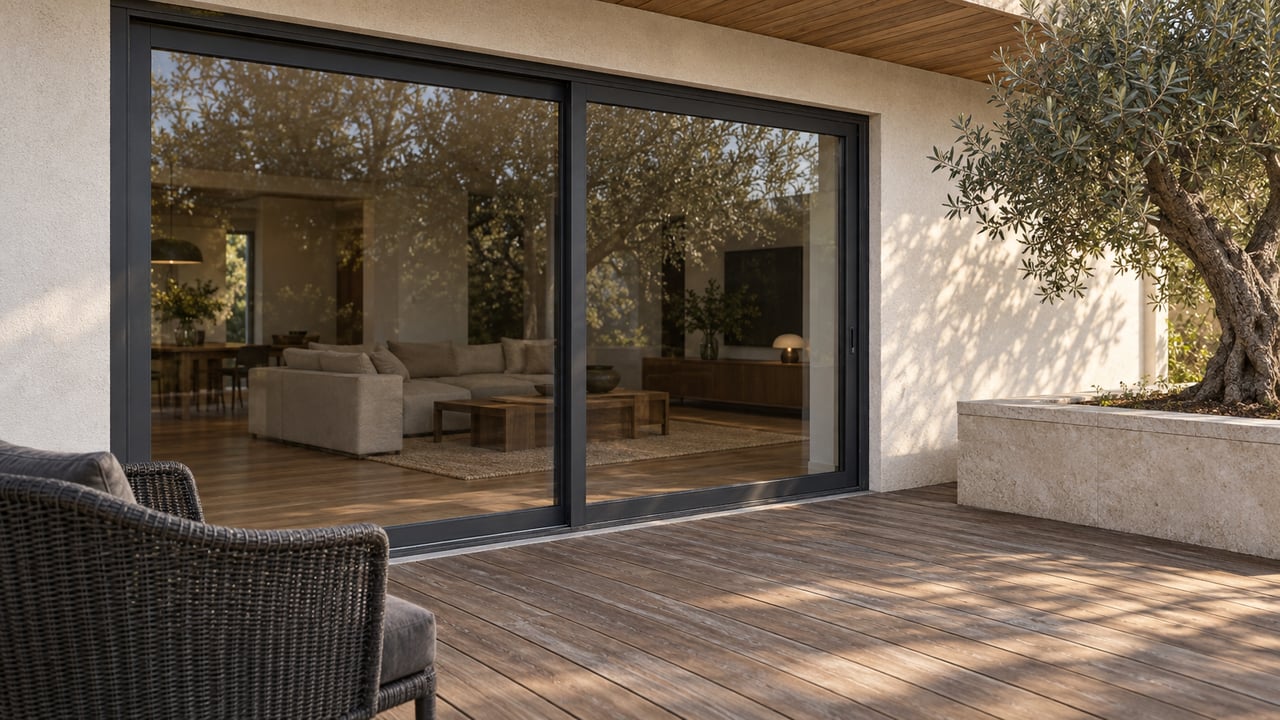 Warm wood terrace beside closed charcoal-framed glass doors, a dark woven chair and an olive tree in a raised limestone planter.