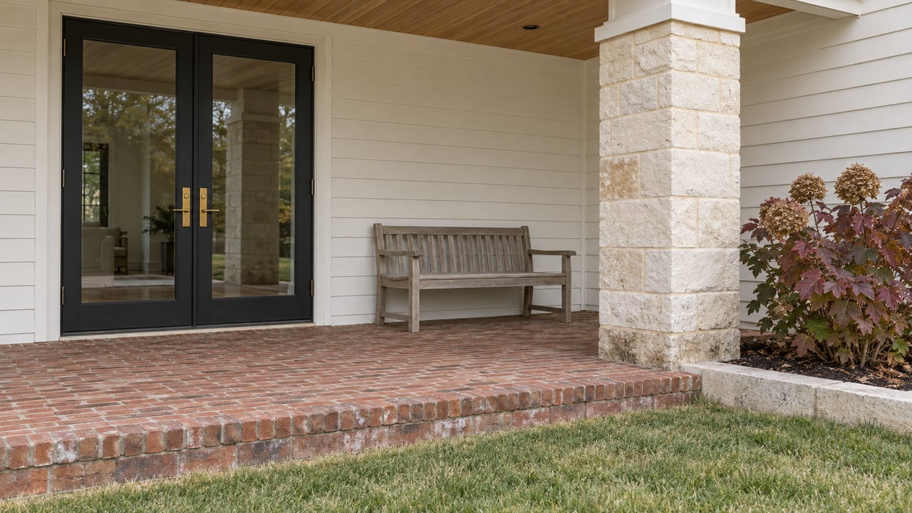 Covered rear porch with white siding, black glazed double doors, a limestone pier and a worn brick terrace beside autumn oakleaf hydrangea.