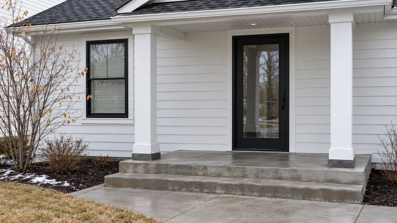 White-sided home entry with black-framed glazing, concrete steps, a bare serviceberry and traces of snow beside the approach.