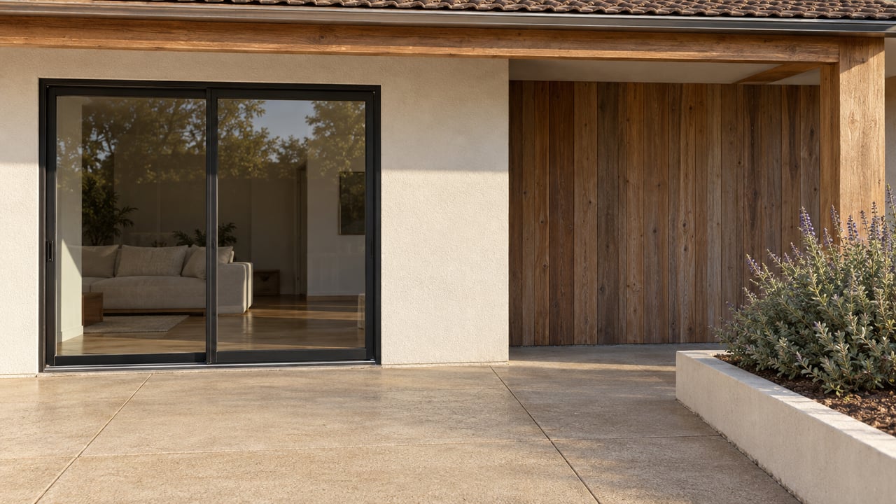 Morning light across a single-story home's stucco terrace, wood porch beam and closed black-framed sliding doors beside a raised sage bed.