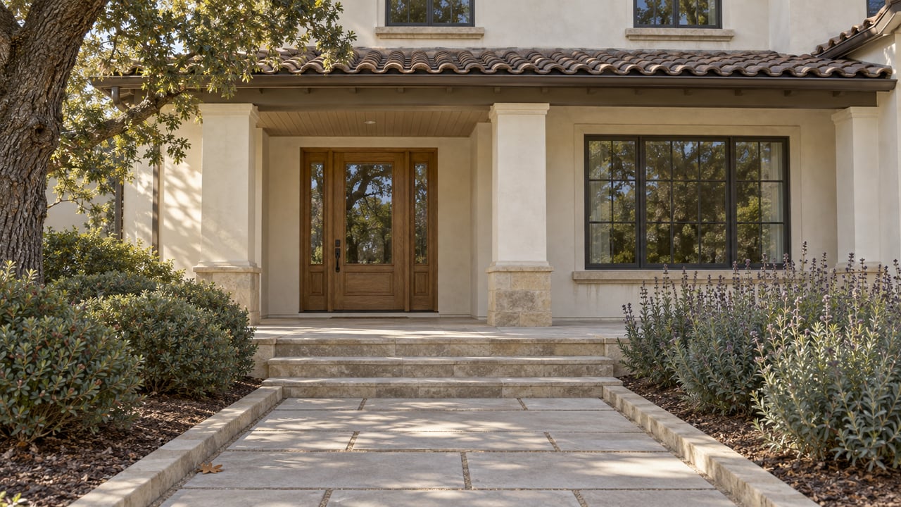Cream stucco home with a shaded oak entry door, sandstone steps and an oak-framed garden approach.