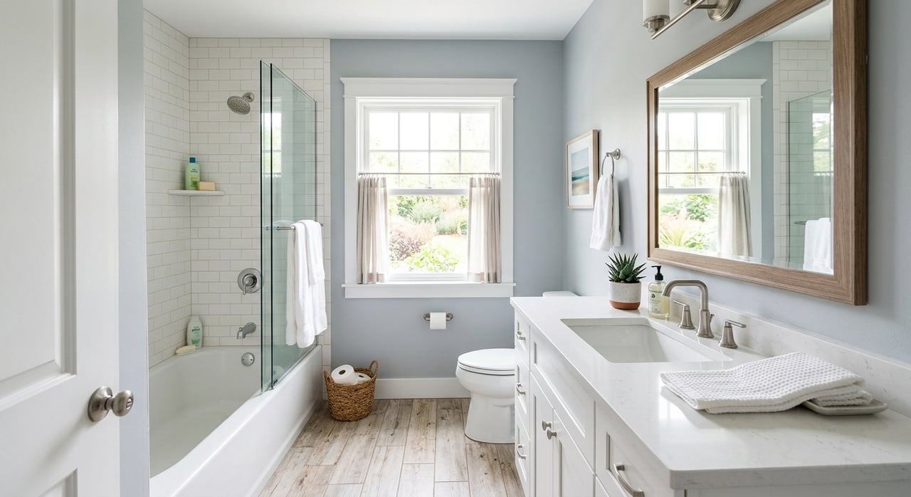Compact bathroom with honey-oak vanity, white tiled tub surround, frosted window, and folded towel.