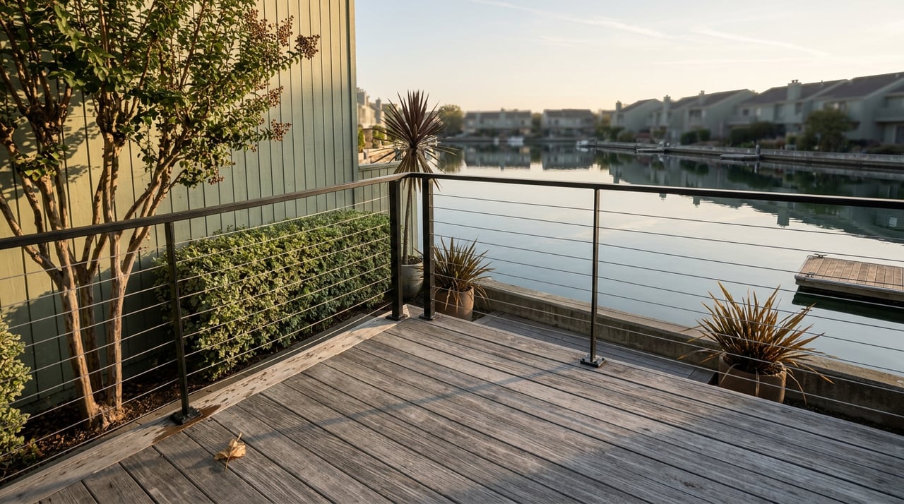 Weathered teak deck overlooking a still canal, with a sage-green rowhouse, cable railing, and potted bronze foliage.