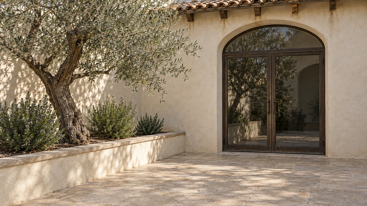 Sunlit cream-stucco courtyard with arched bronze-framed glass doors, limestone paving and a sculptural olive tree in a raised planter.