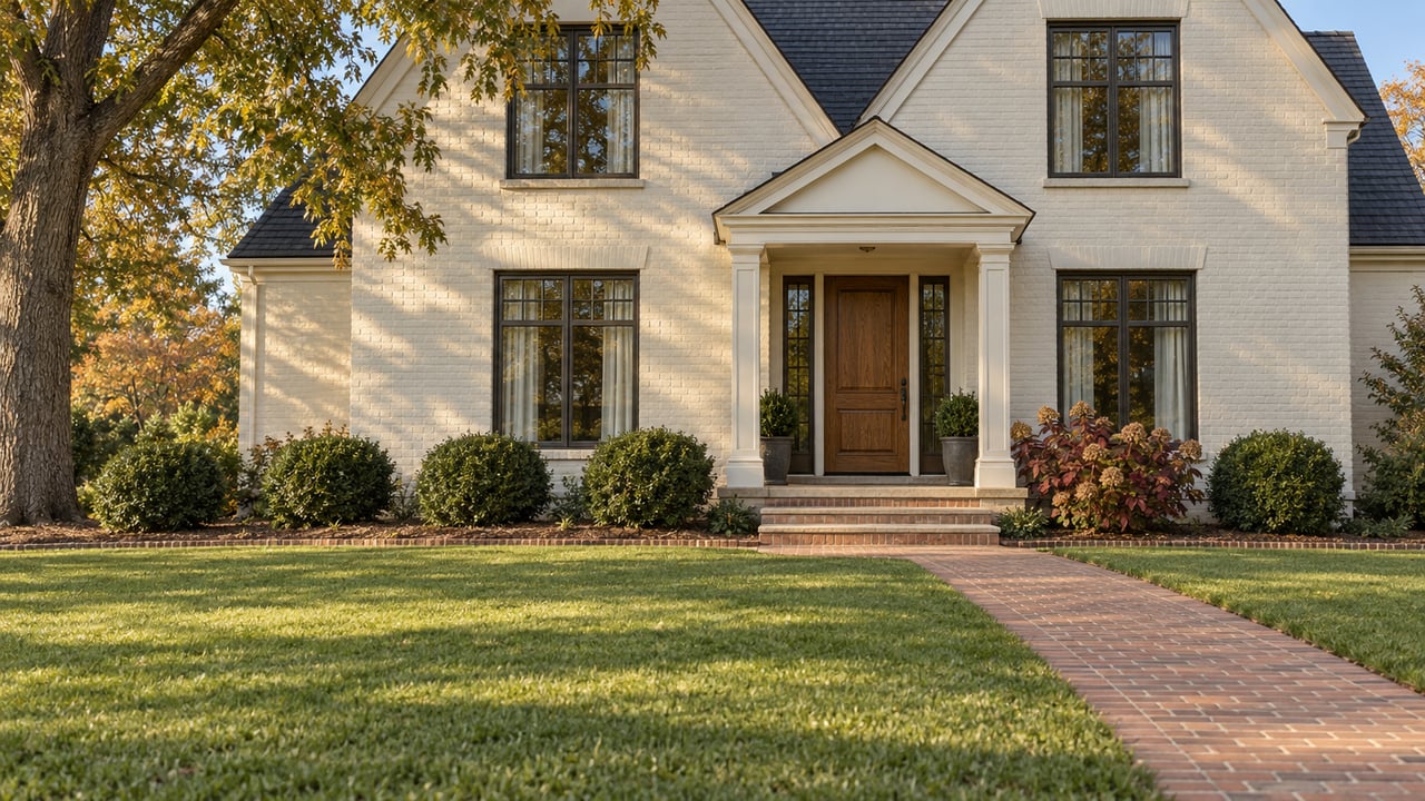 An ivory painted-brick home with steep gables, an oak entry door and a brick walk across a deep lawn beneath a mature oak.