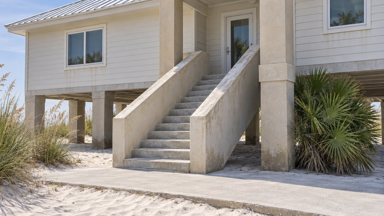 An elevated ivory home with concrete entry steps, solid plaster stair walls and a white-sand yard planted with a saw palmetto and sea oats.