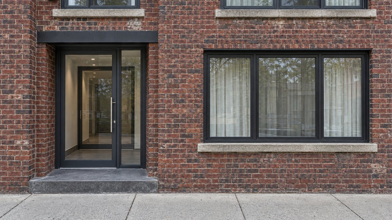 Renovated glass condominium entrance beside a broad residential window in weathered red brick, with limestone steps and a concrete sidewalk.