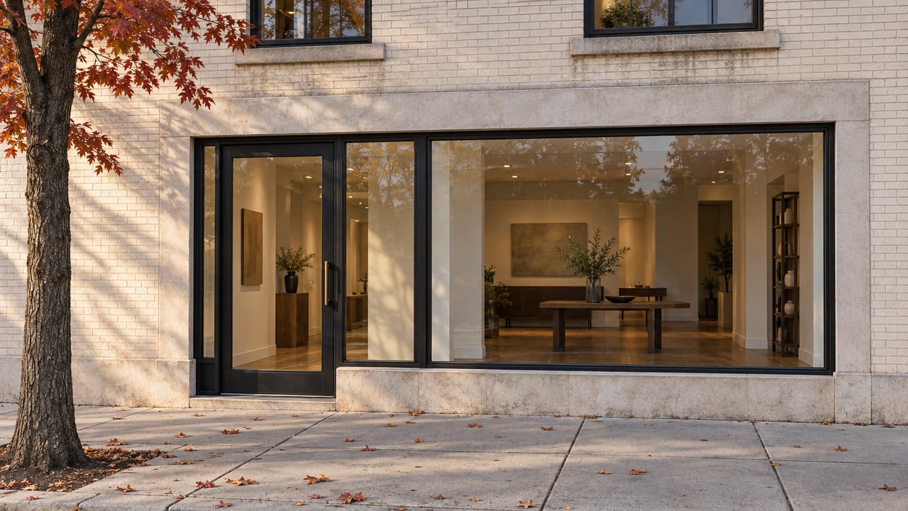 Pale brick storefront with black-framed glass entrance and window, beside a sidewalk oak with copper-red leaves.