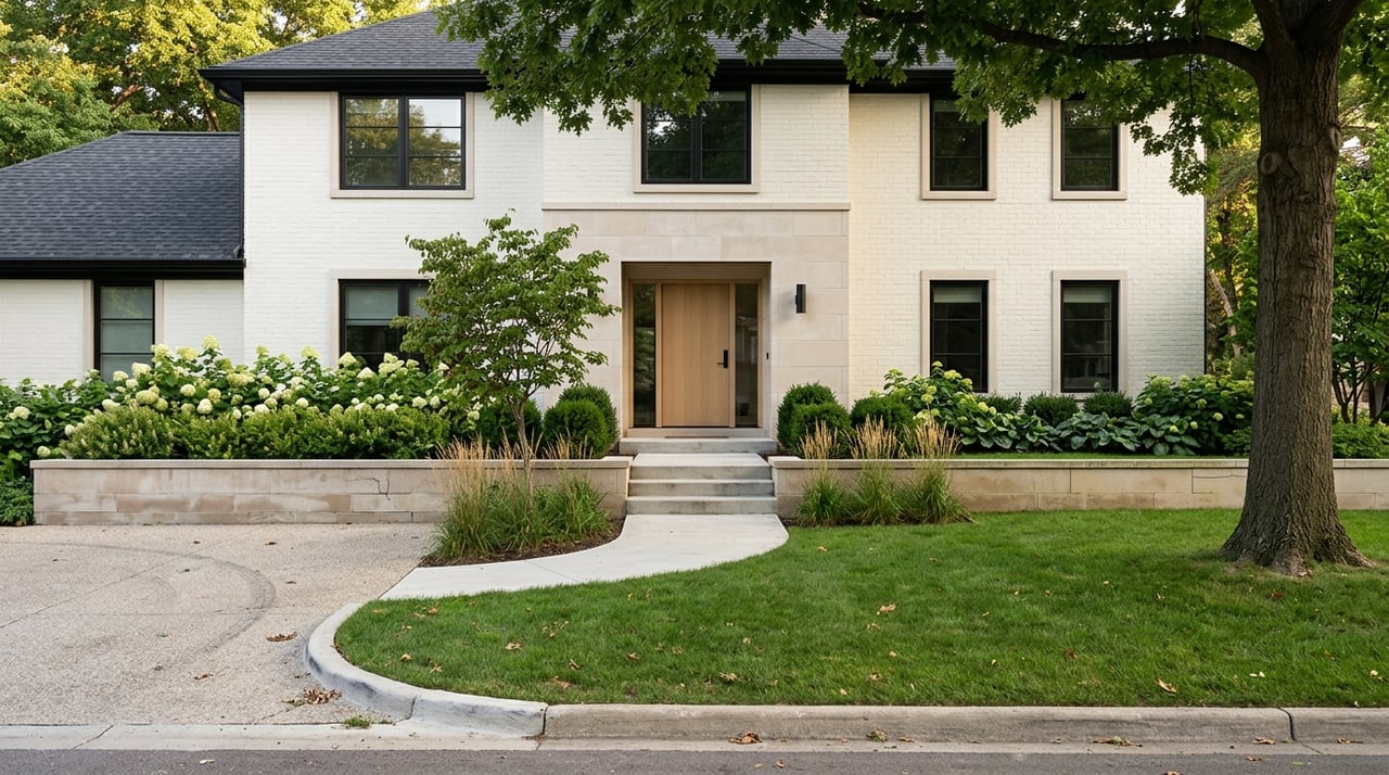 Two-story off-white brick home with limestone entry band, black windows, and deep lawn beneath trees.