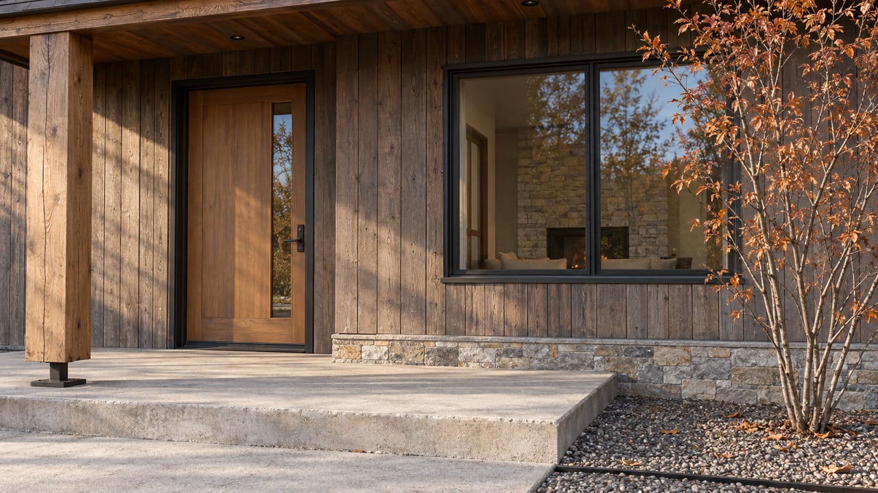 Autumn light on a timber-sided home's covered entry, black-framed window, concrete porch and copper-leaved serviceberry.
