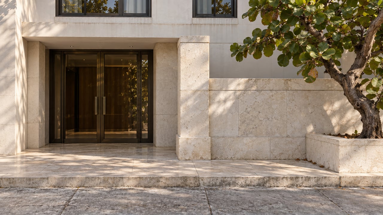 Condominium entry with bronze-framed glass doors, limestone steps, and a twisting tree in a raised planter.
