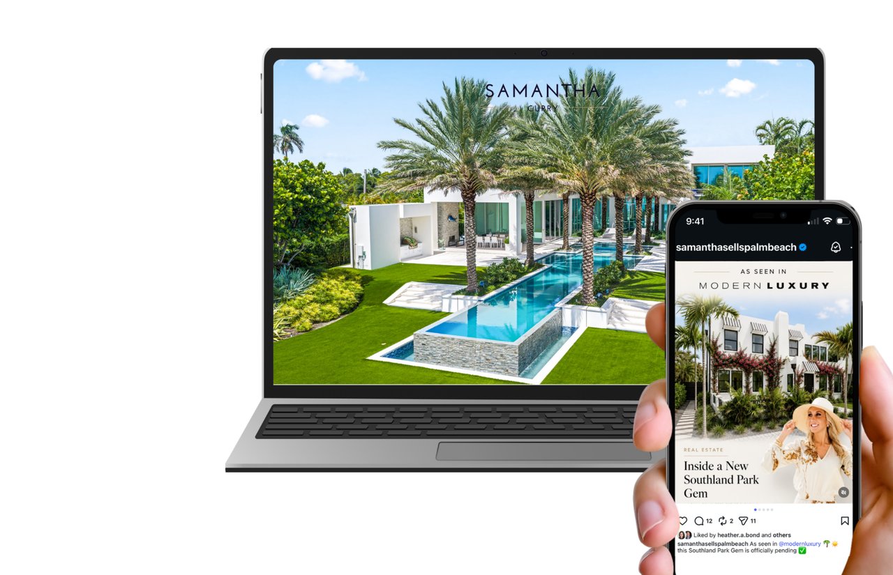 Real estate digital marketing mockup showing a Palm Beach home on a laptop and Samantha Curry’s Instagram profile on a phone.
